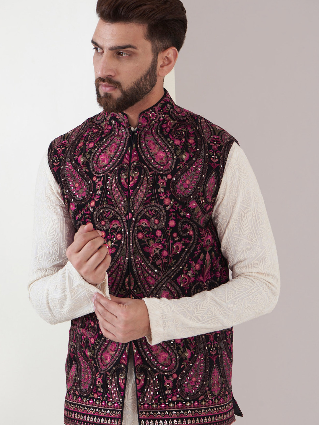 Buy KASBAH CLOTHING NISHCHAIY SAJDEH Floral Embroidered Sequined Nehru
