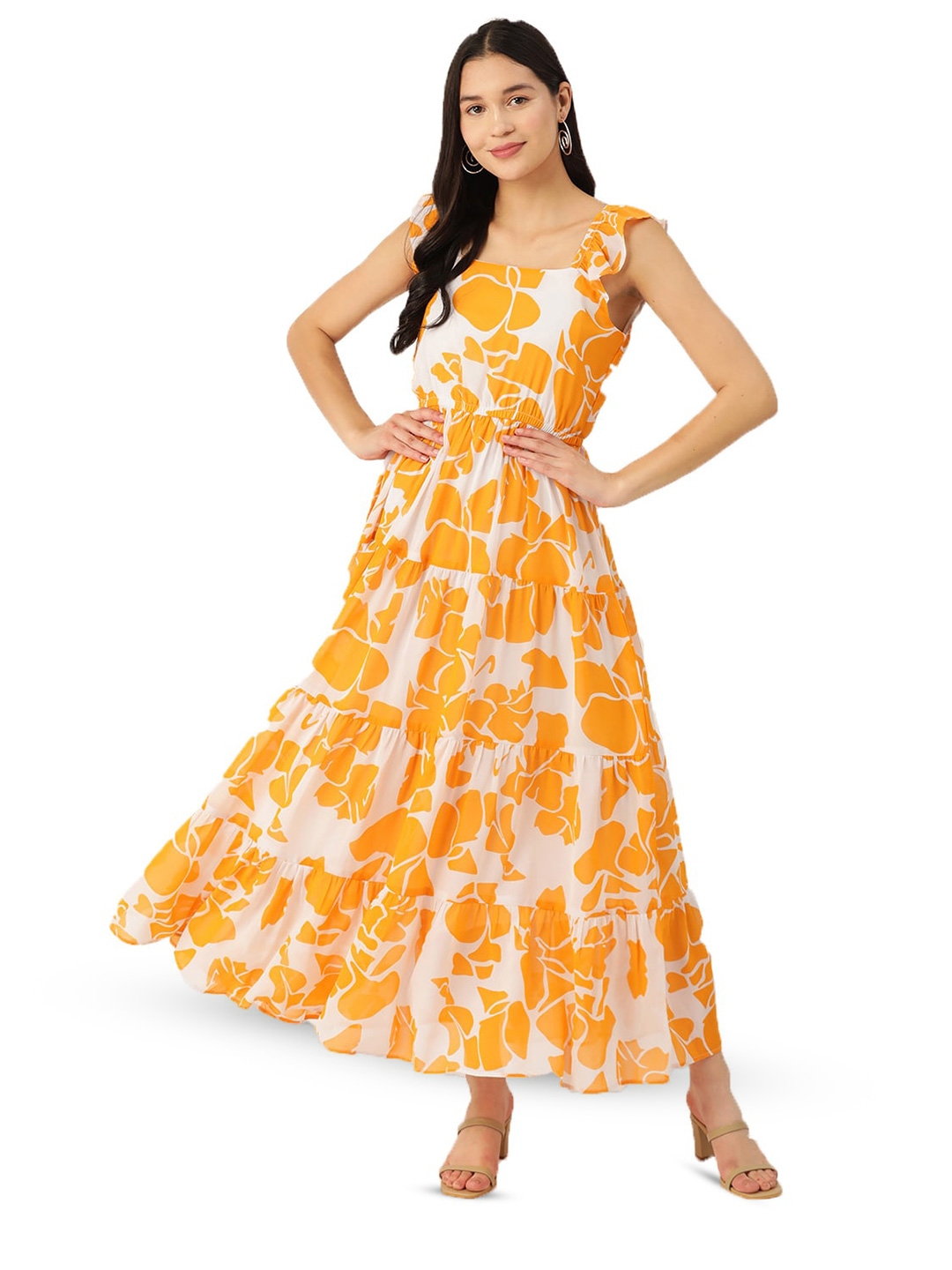 Buy DressBerry Yellow Floral Printed Flutter Sleeves Georgette Tiered ...