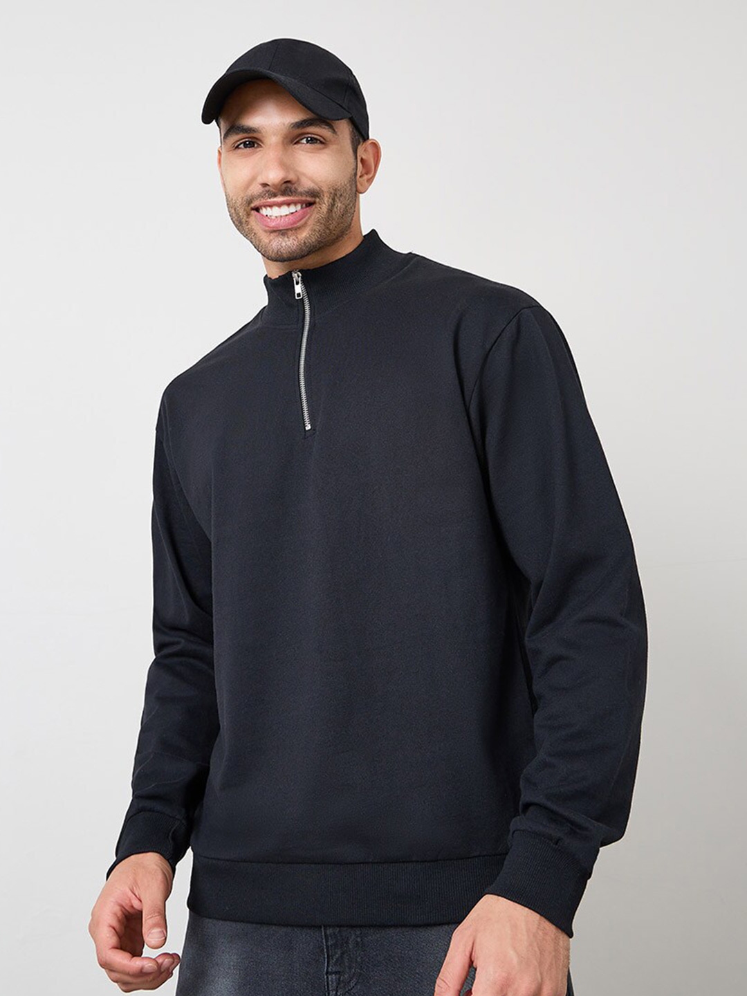 Buy Styli Black Half Zip Fleece Relaxed Fit Pullover Sweatshirt ...