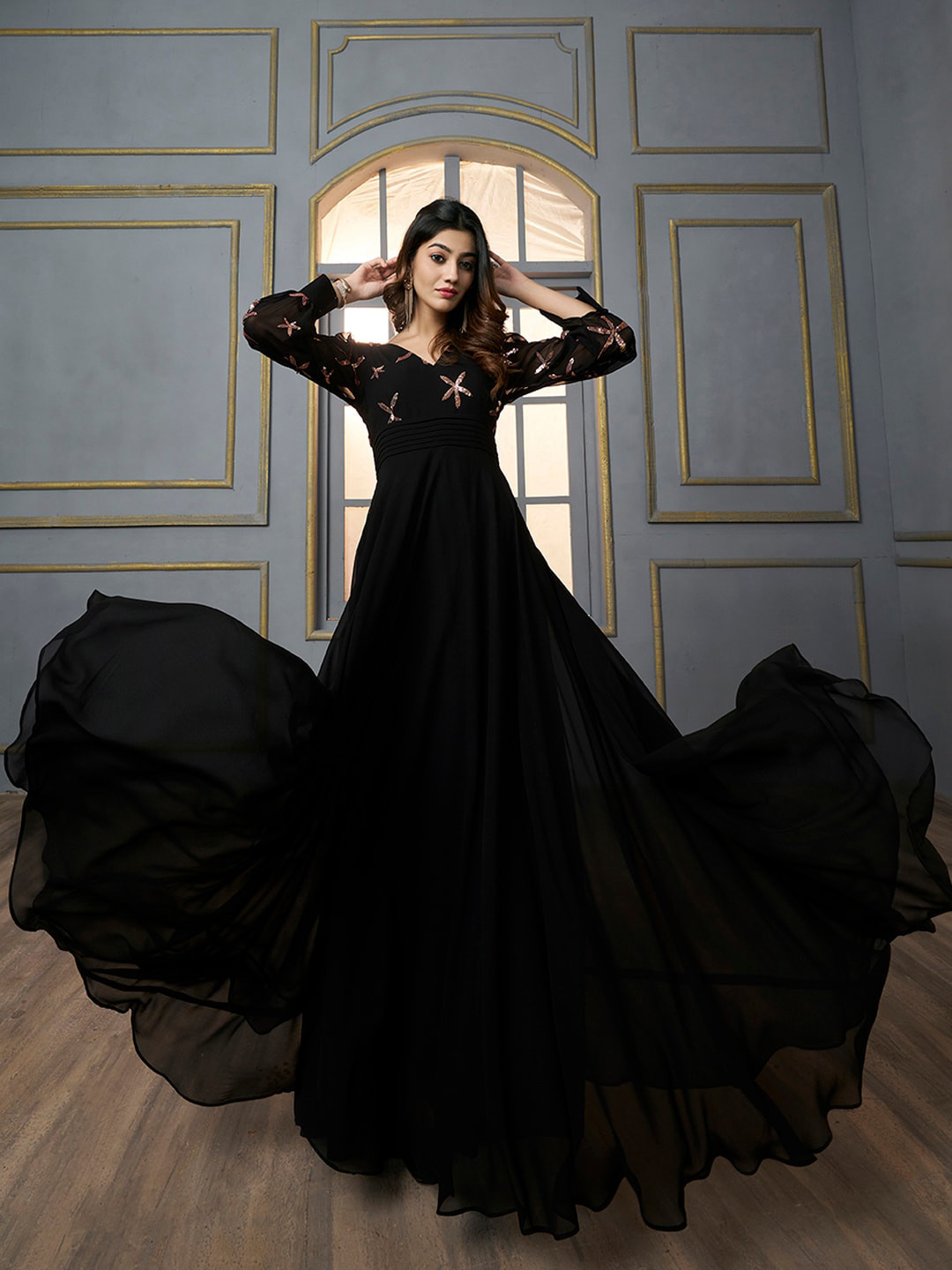 Girls Embellished Sequinned Fit Flare Lace Maxi Dress