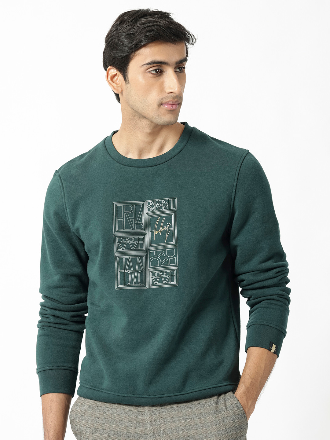 Men's Sea Green Printed Round Neck Cotton Sweatshirt
