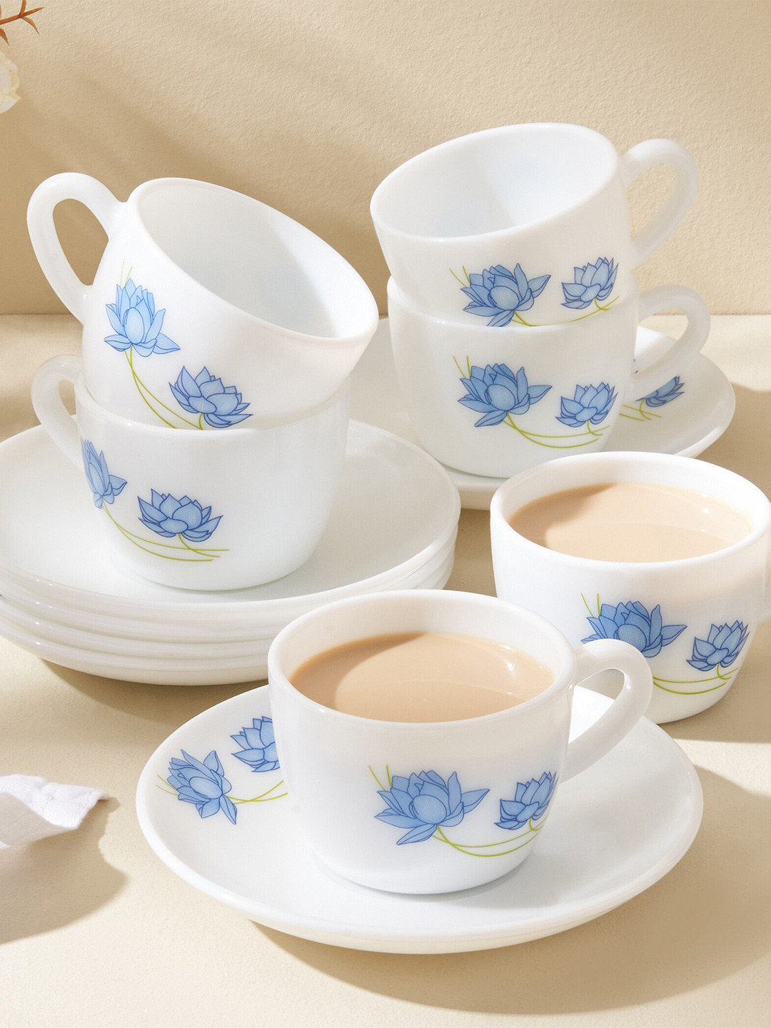 Buy Home Centre White & Blue 12 Pieces Printed Opalware Matte Cups And