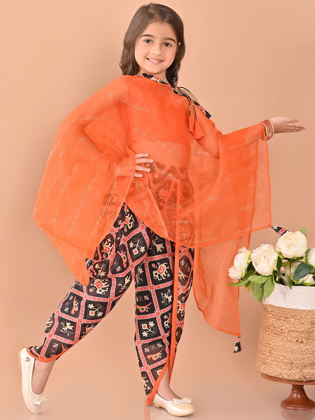 Girls Ethnic Motifs Printed One Shoulder A-Line Top With Dhoti Pants