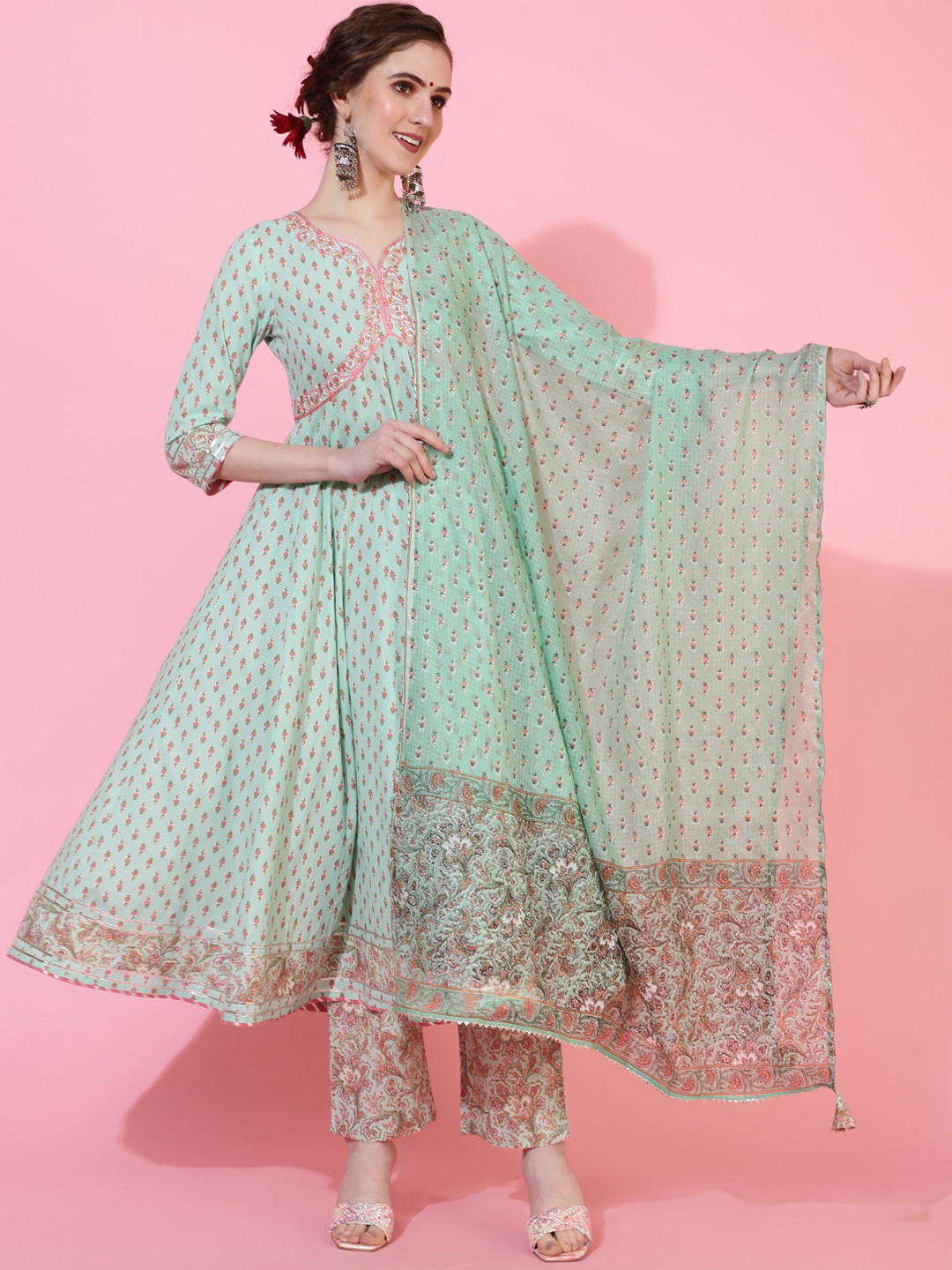 Floral Embroidered Thread Work Anarkali Kurta With Palazzos & Dupatta