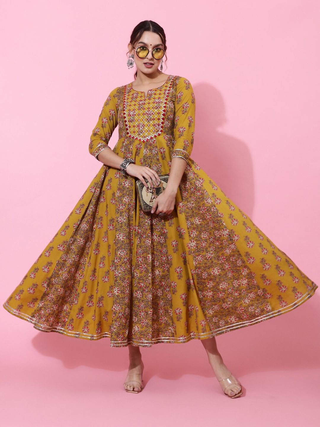 Buy KIMAYRA Floral Printed Embroidered Pure Cotton Fit And Flare Ethnic ...