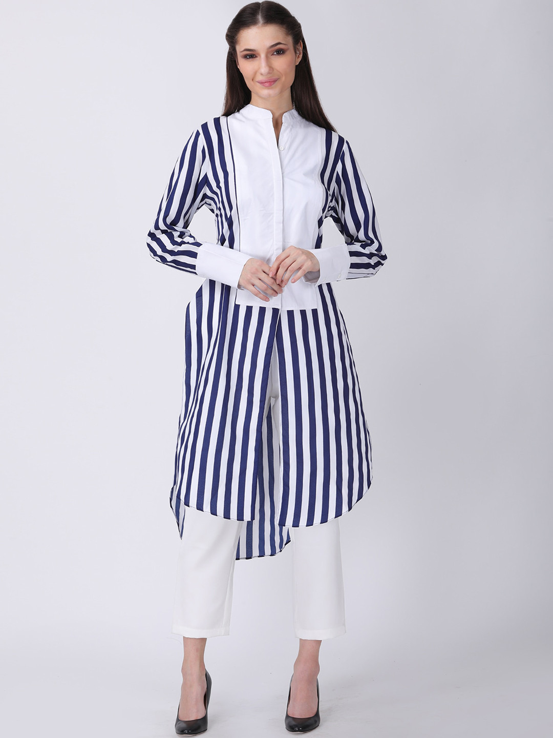 Buy TSM Striped Mandarin Collar Long Sleeves High Low Crepe Kurta