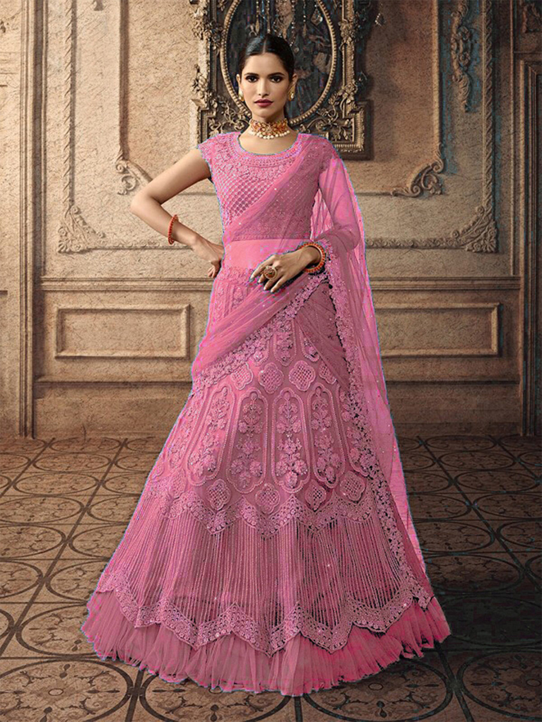 Buy N ENTERPRISE Floral Embroidered Semi Stitched Lehenga & Unstitched