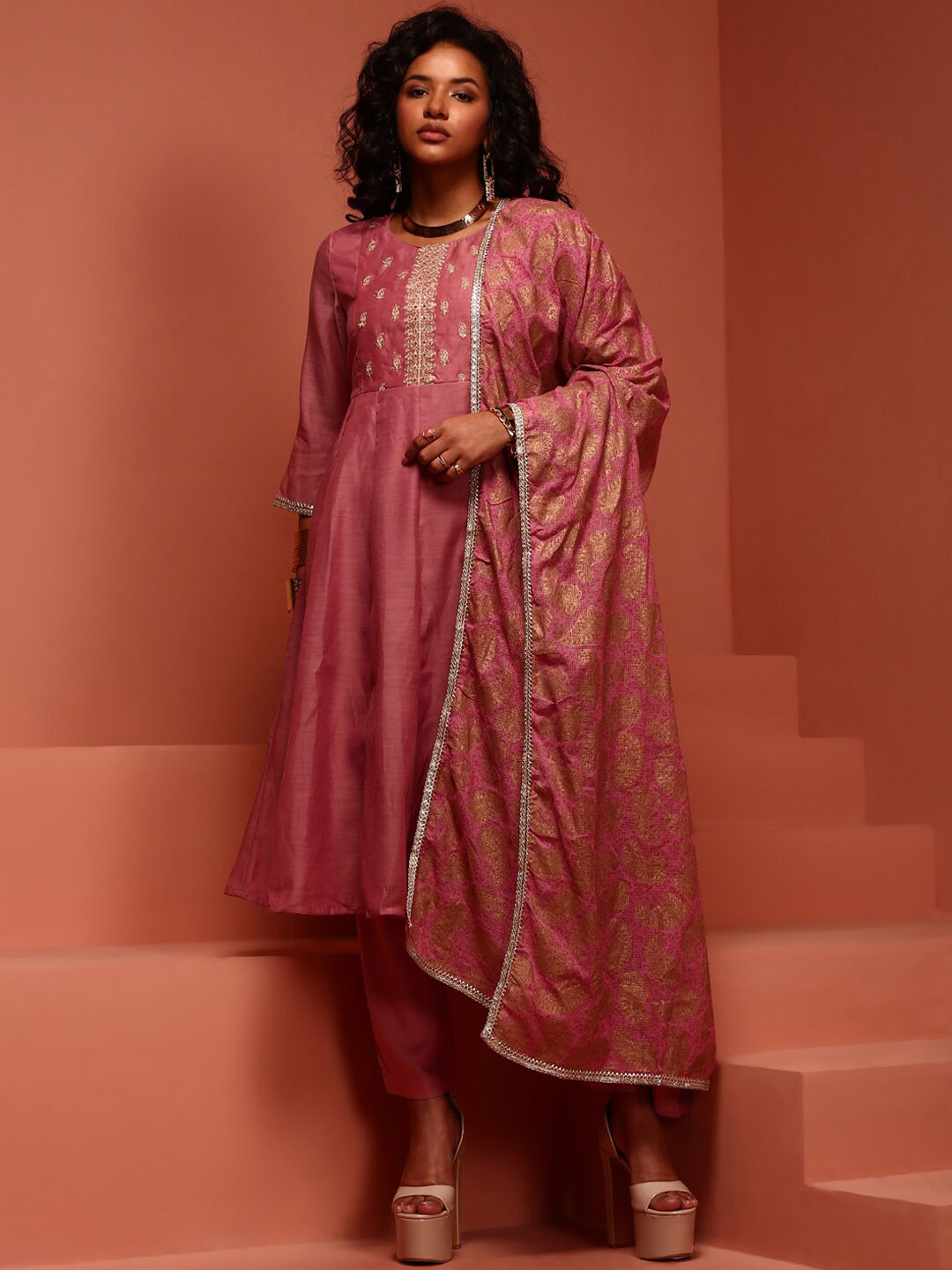 Floral Yoke Design Empire Shoulder Straps Embroidered A-Line Fusion Kurti With Dhoti Pants