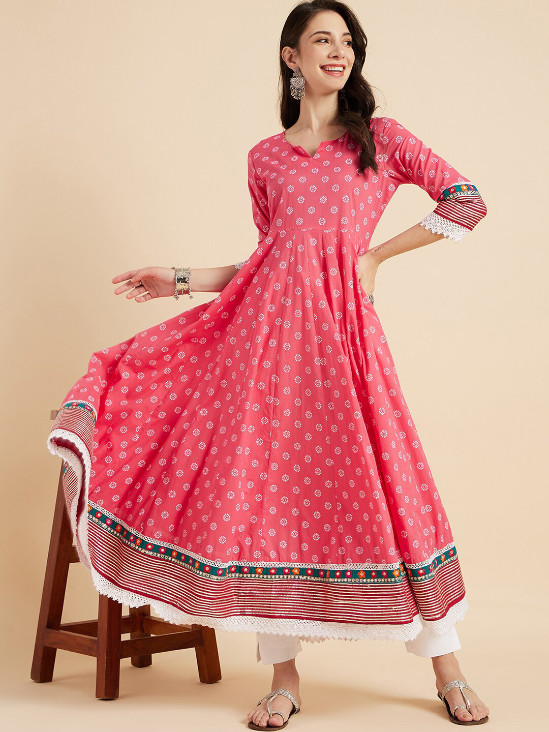 Women's Cream Printed Mirror Work Floral Anarkali Kurta