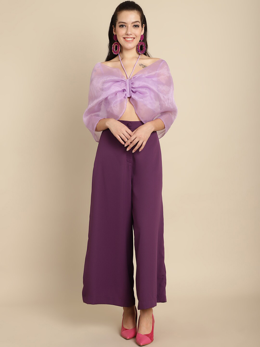 STRIPE PRINT TIE HEM ROUND NECK CAPE SLEEVE TOP