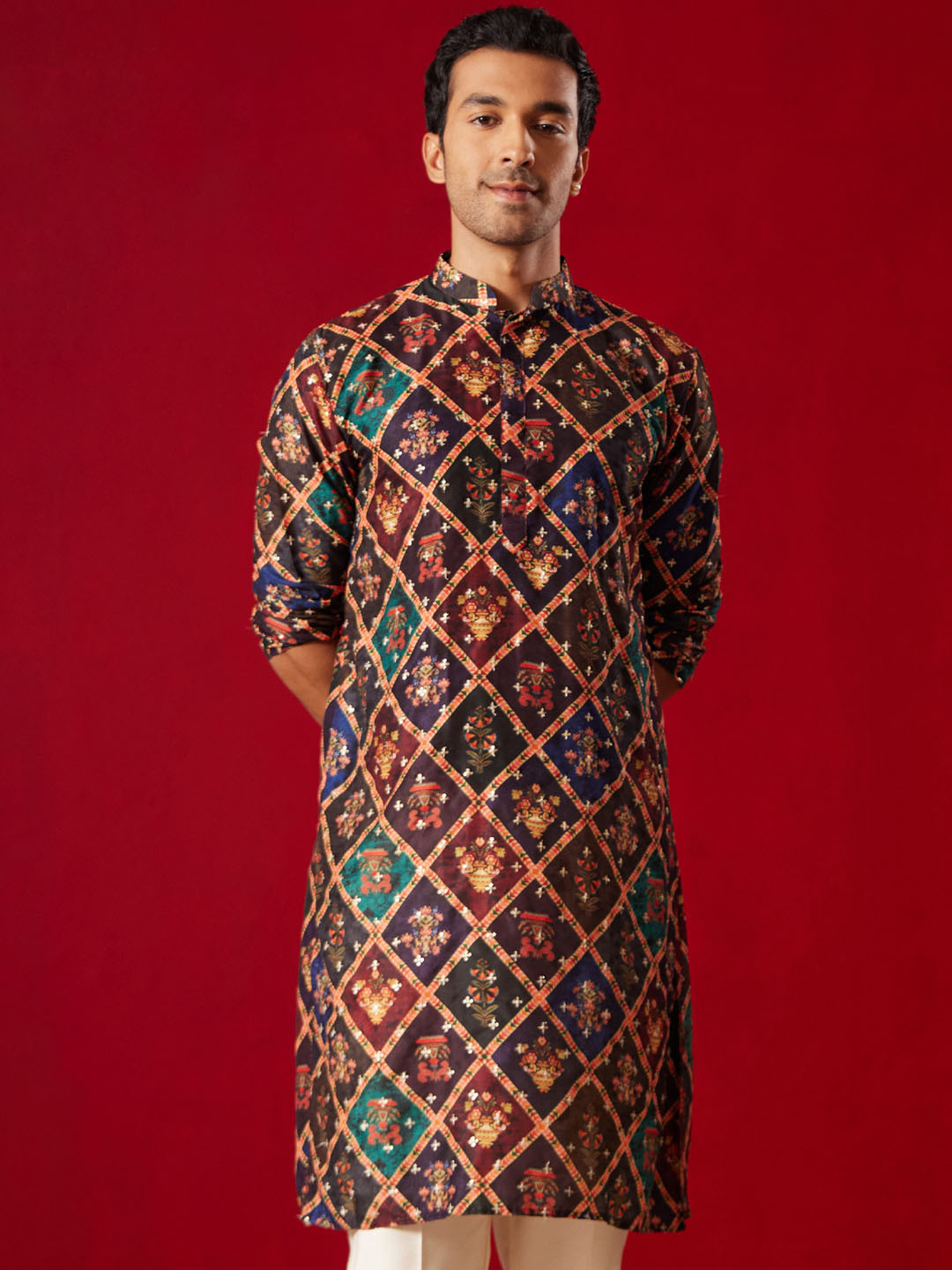 Ethnic Motifs Printed Mandarin Collar Straight Kurta with Patiala
