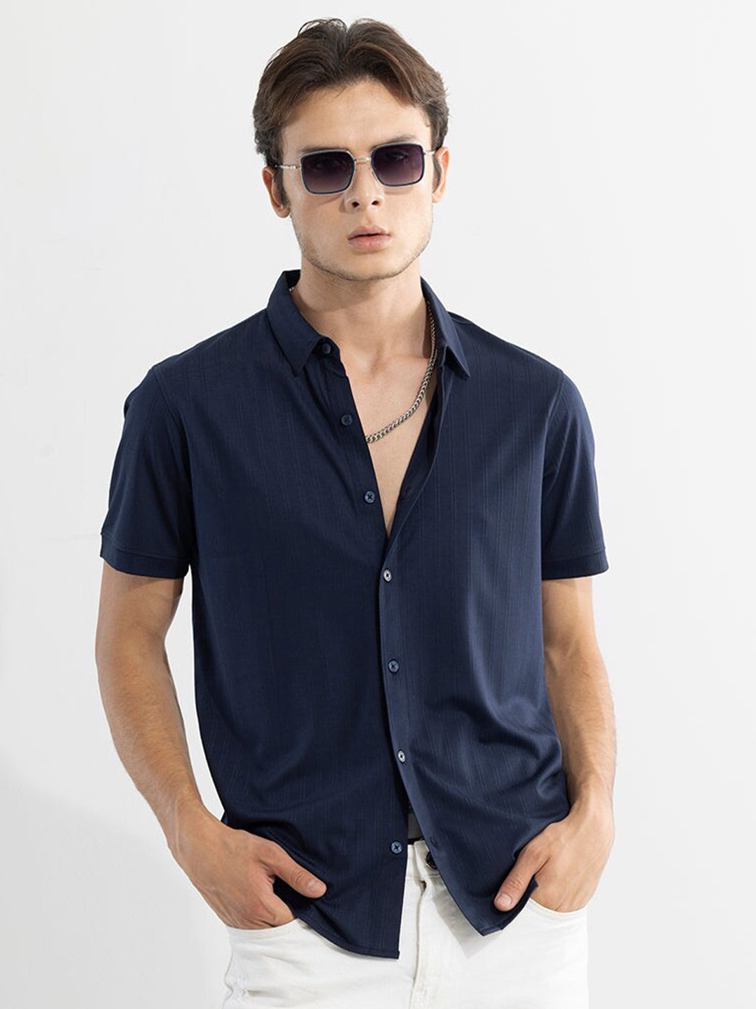 Buy Snitch Navy Blue Vertical Striped Classic Slim Fit Opaque Cotton