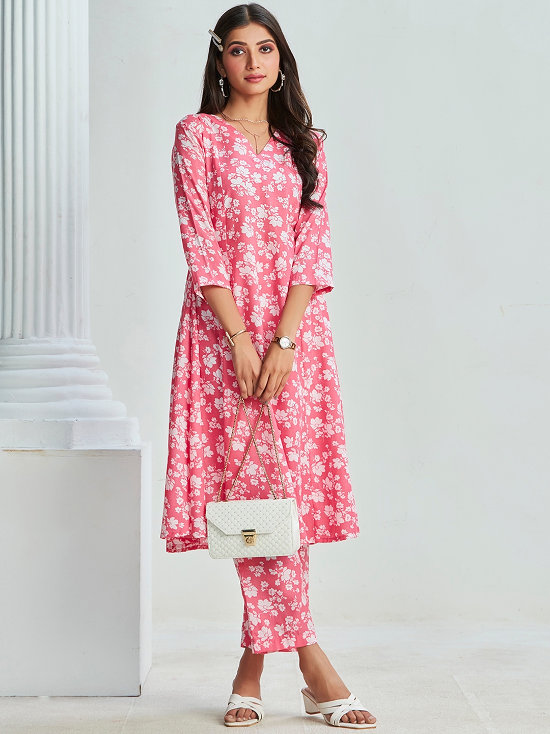 Buy Sangria Floral Printed Pure Cotton A Line Kurta With Trouser ...