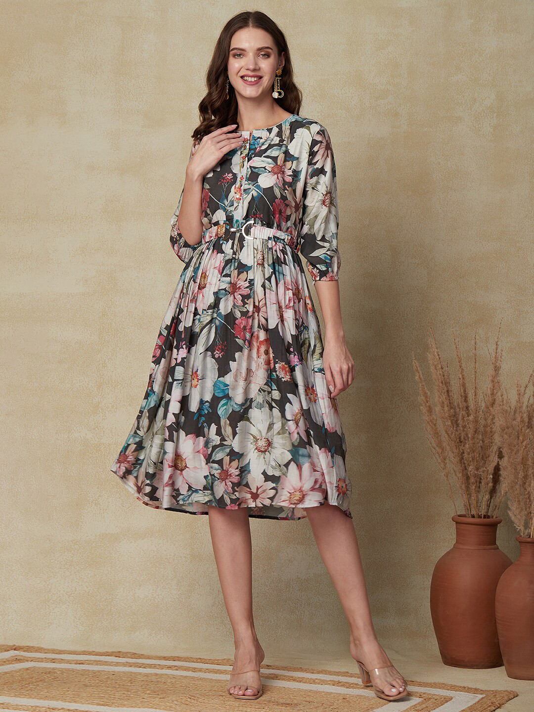 Women Indian Floral Printed Fit & Flare Tiered Fusion Dress