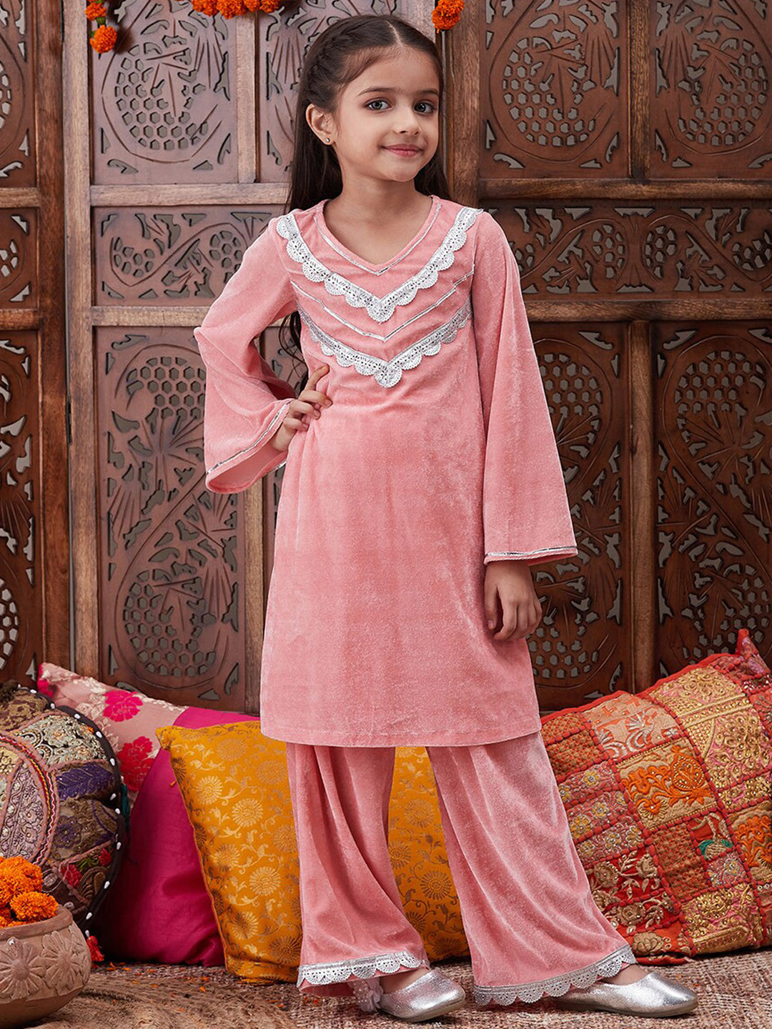 Girls Regular Gotta Patti Velvet Kurta With Salwar With Dupatta