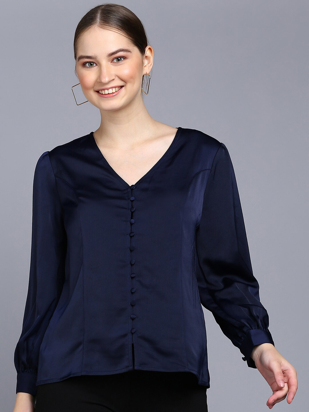 Puff Sleeve V Neck Top Dark Blue