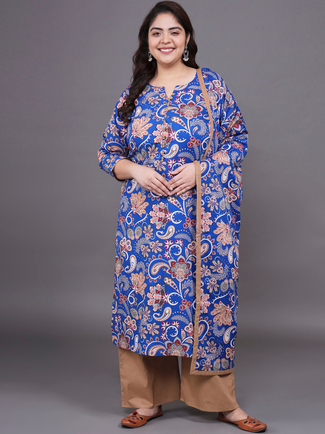Plus Size Blue Printed Cotton Straight Kurta With Palazzos & Dupatta