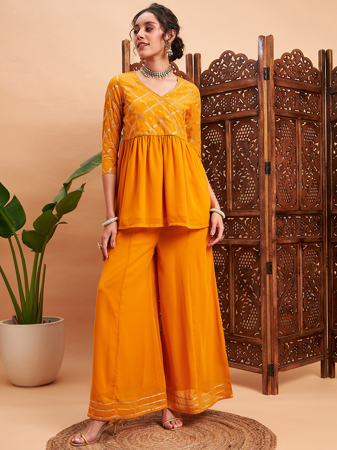 Sky Blue Floral Foil Printed Round Neck With V-Slit And Tassels Detailing Flared Sleeve Straight Kurta