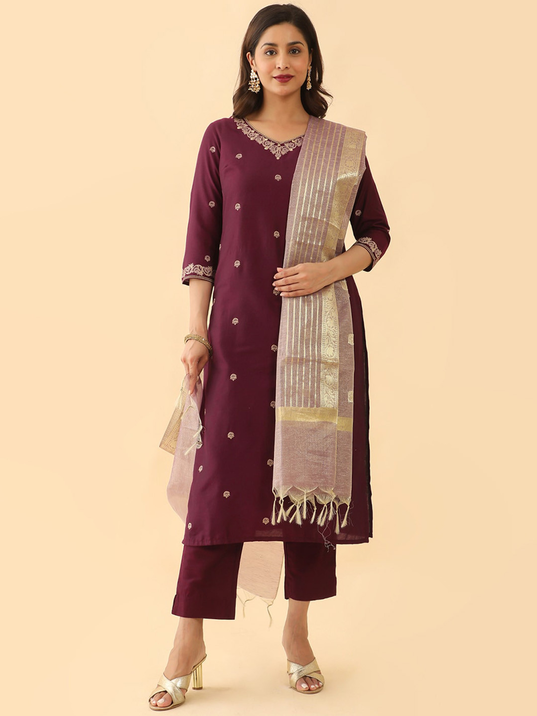Brown Embroidered and Mirror Work Cotton Straight Kurta Patiala With Bandhani Dupatta Set