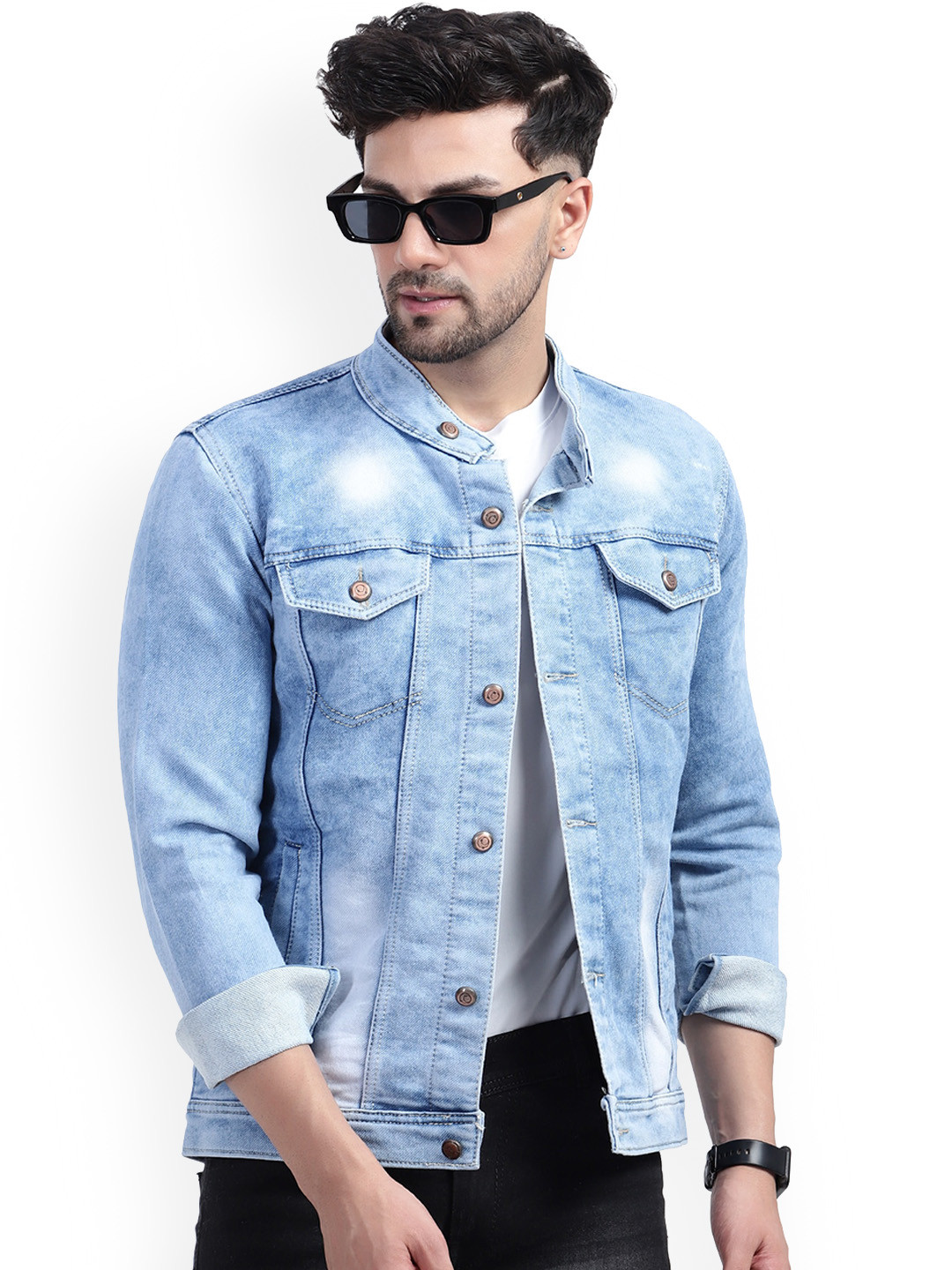 Buy PLUS 91 Washed Self Design Mandarin Collar Denim Jacket - Jackets ...