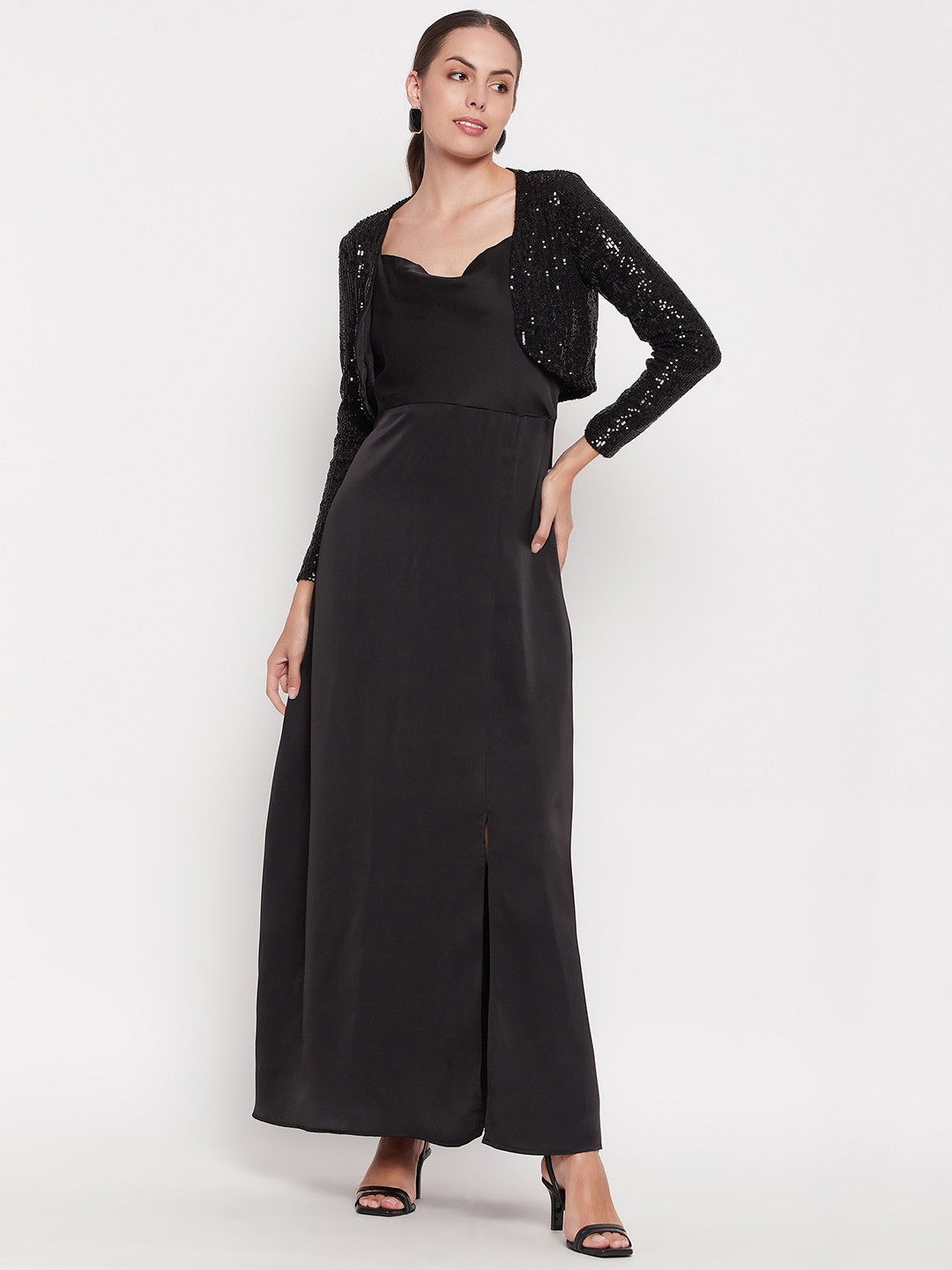 Buy Madame Shoulder Straps Sleeveless Maxi Dress With Embellished Shrug