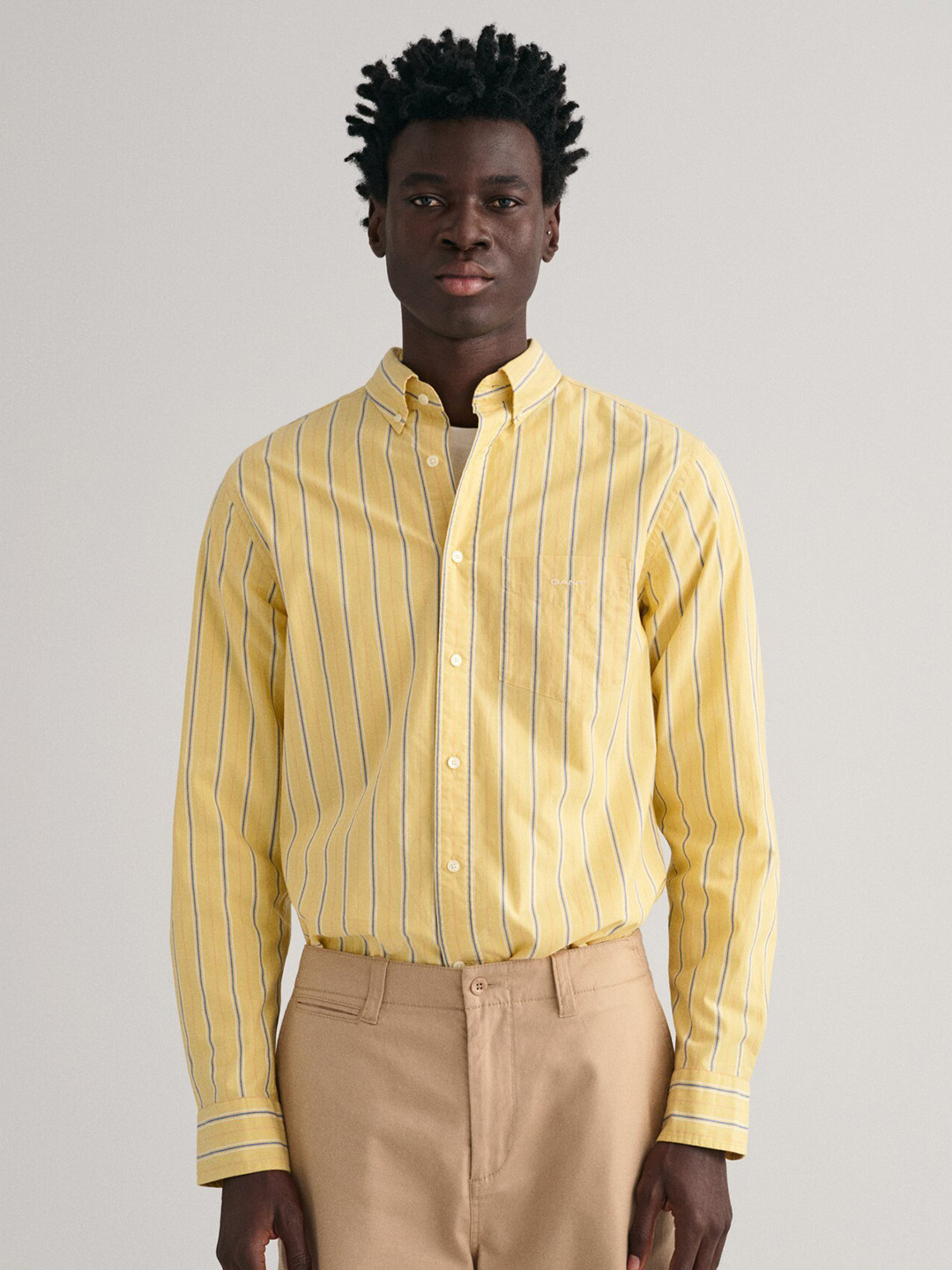 Gant Men Khaki Striped Button Down Collar Full Sleeves Shirt