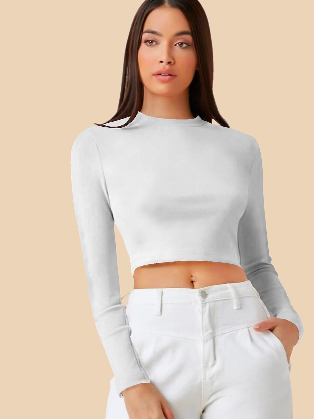 Women's Off White Round Neck Long Sleeves Fitted Top