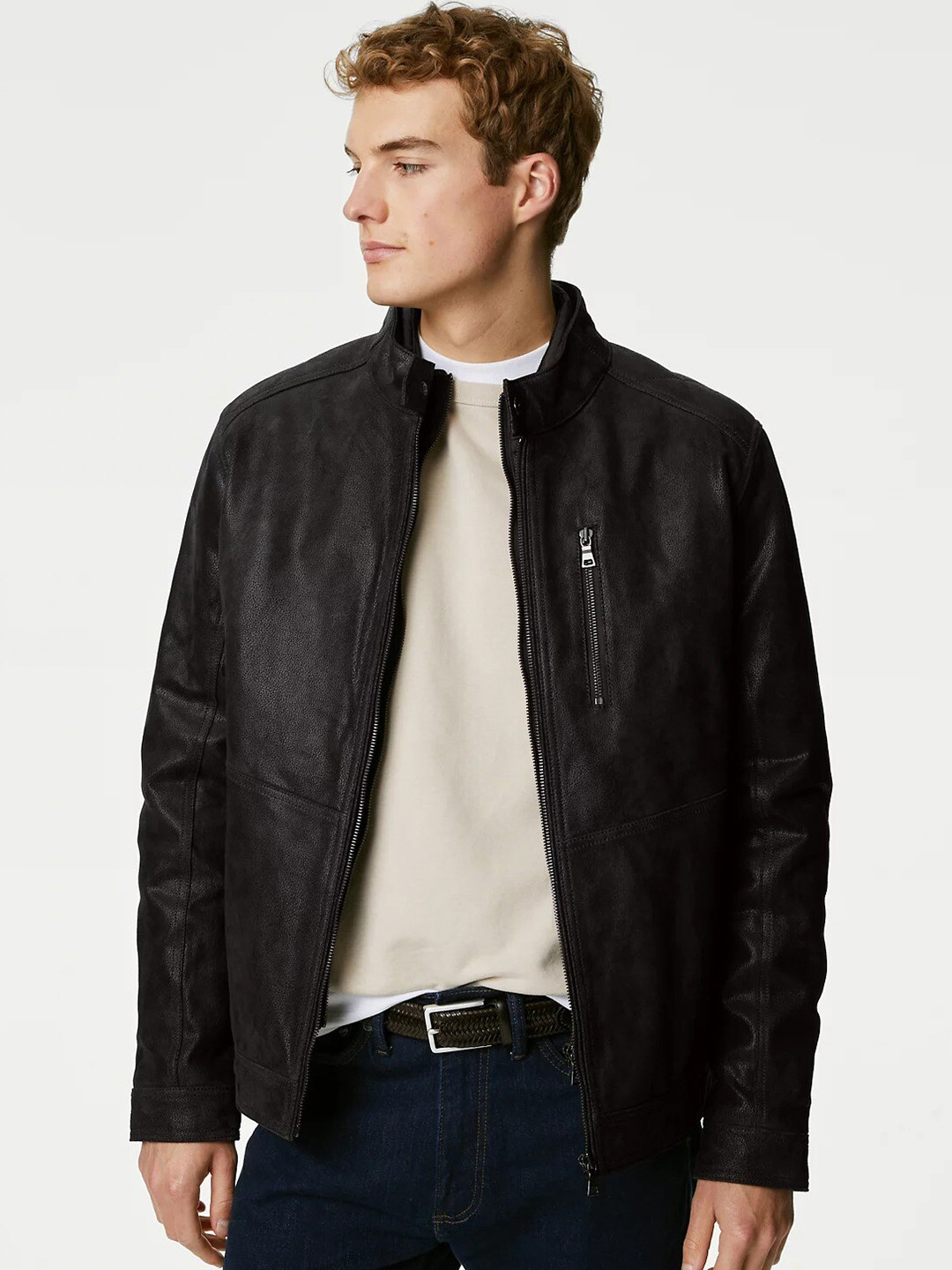 Buy Marks & Spencer Leather Longline Biker Jacket - Jackets for Men ...