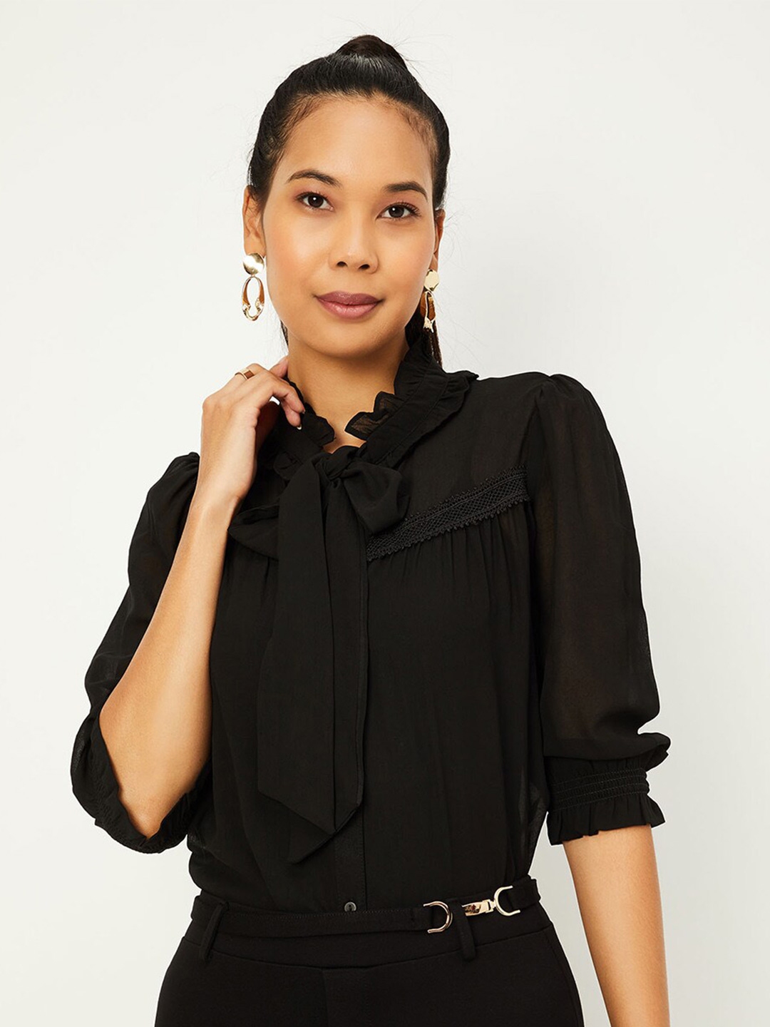 Buy Max Lace Inserted Gathered Tie Up Neck Semi Sheer Shirt Style Top ...