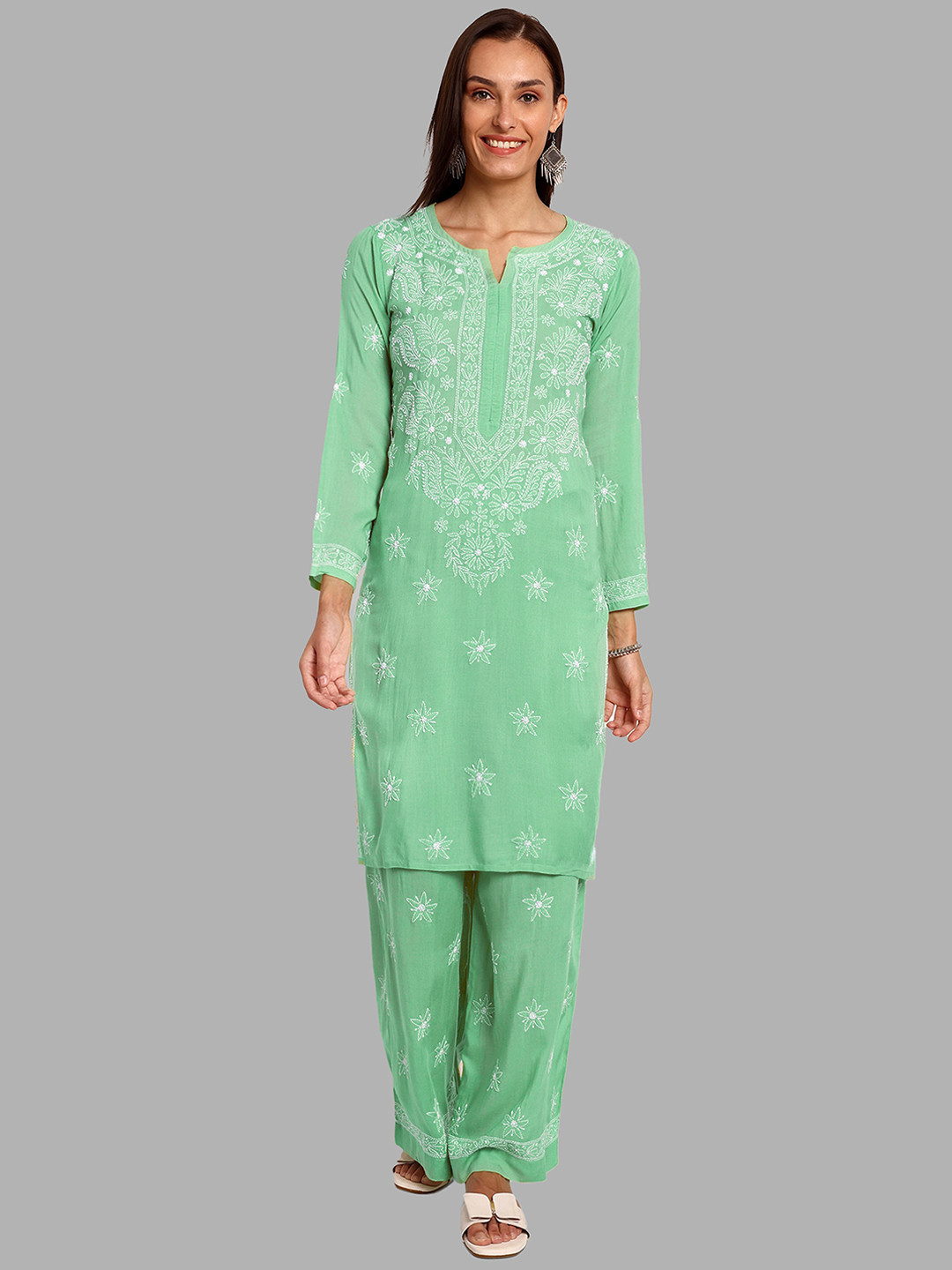 Floral Embroidered Regular Chikankari Kurta with Palazzos & With Dupatta