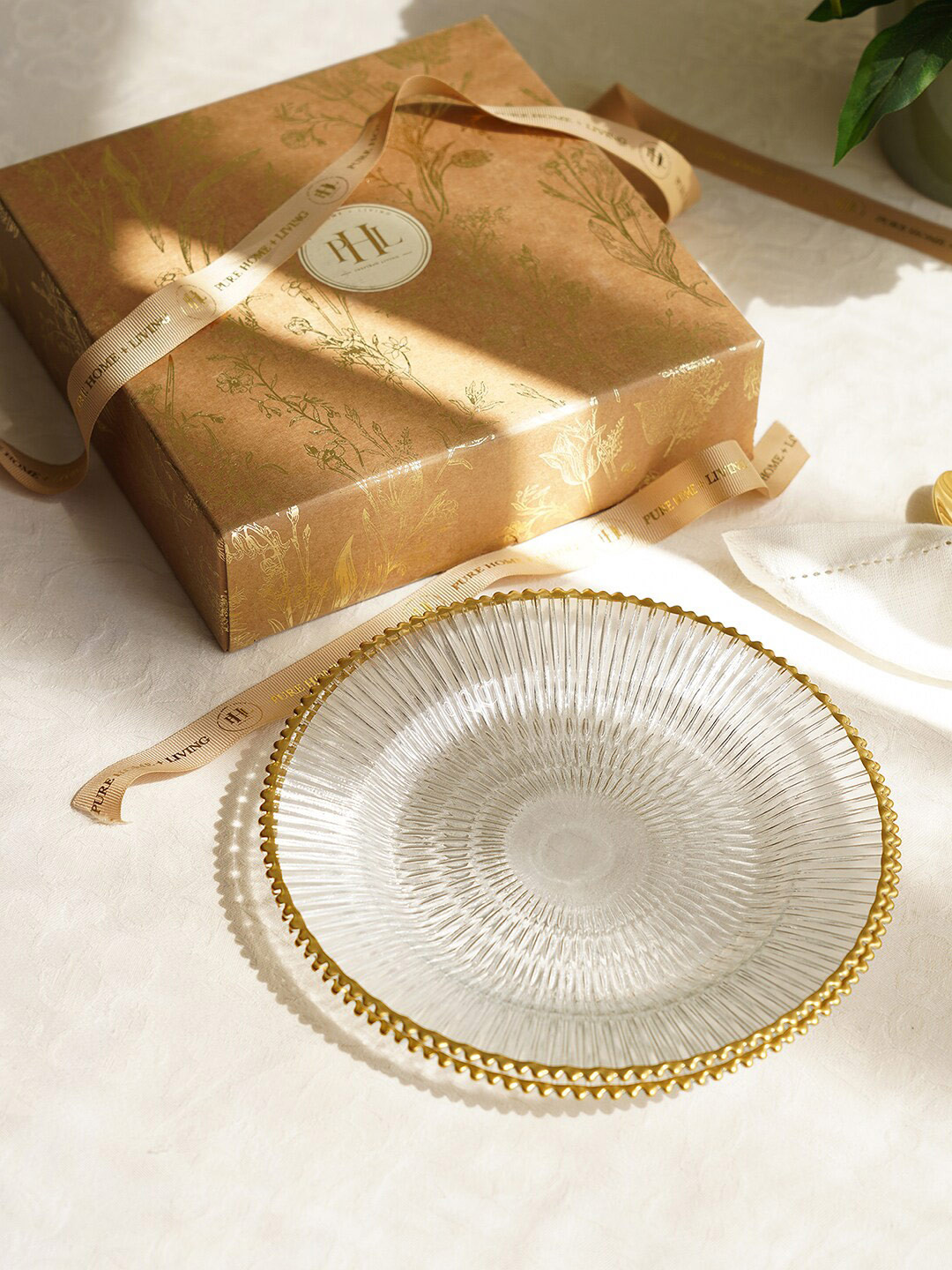 Buy Pure Home And Living Transparent & Gold Toned 2 Pieces Glass Plates