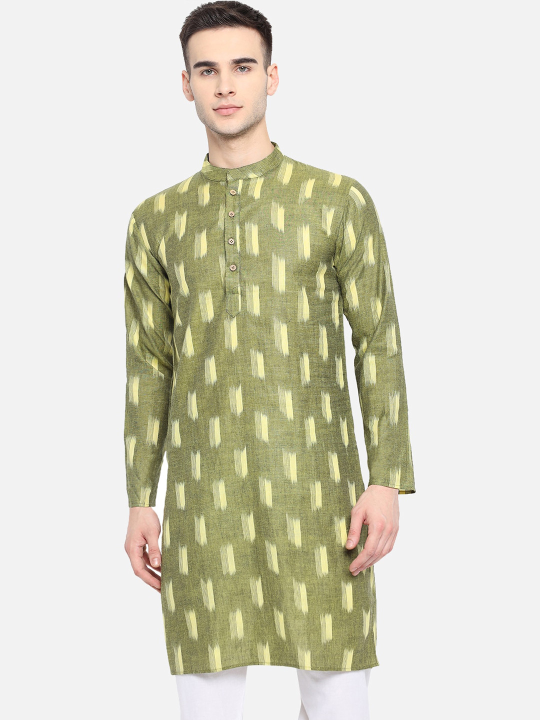 Vastraa Fusion Men's Printed Kurta Pure Cotton Long Kurta, Round Collar, Full Sleeves, Button Kurta, Ethnic Wear