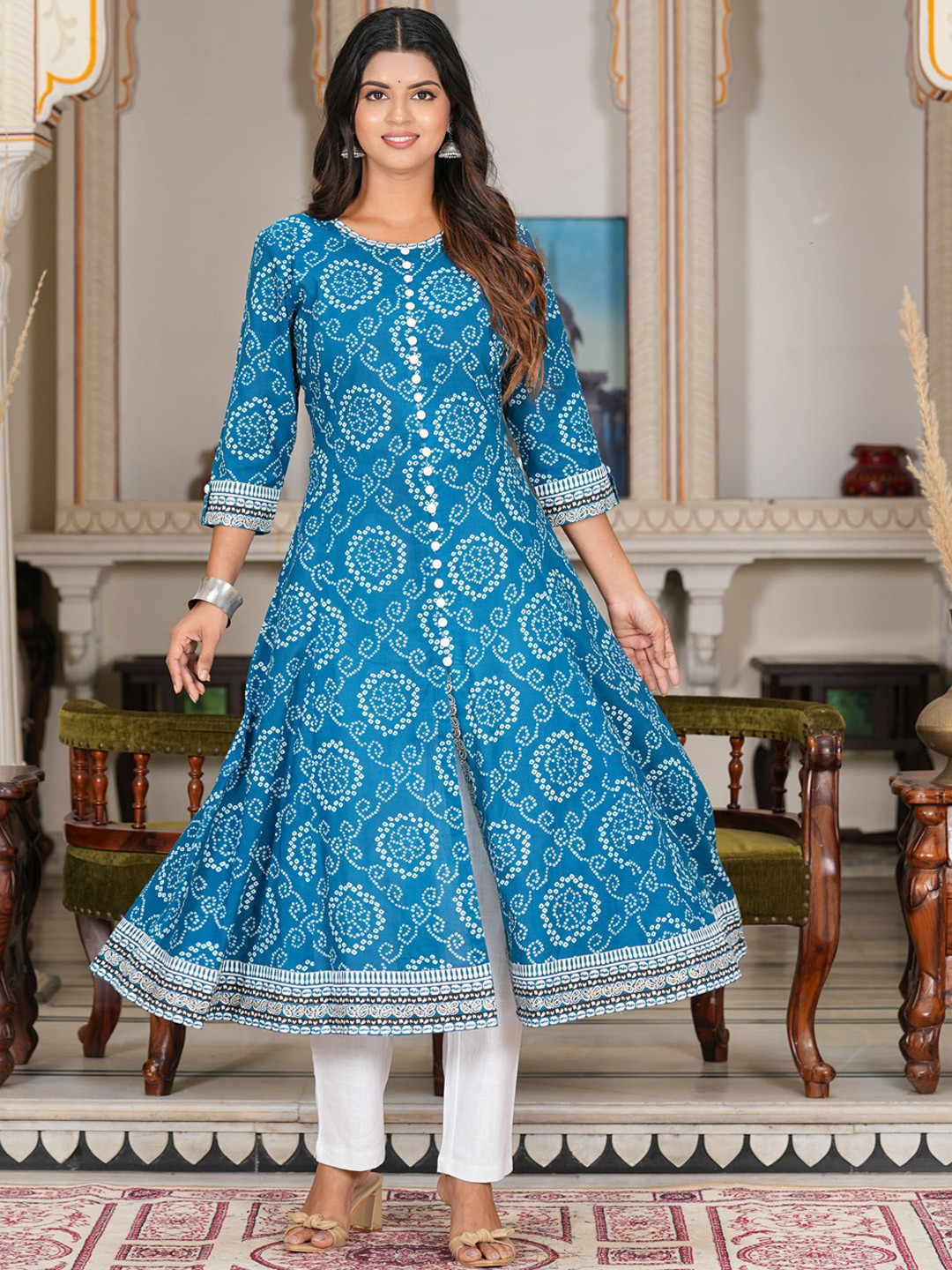 Yash Gallery Women's Lehariya Printed Anarkali Kurta - Blue Rayon Traditional Indian Dress (Size Medium) - View #3