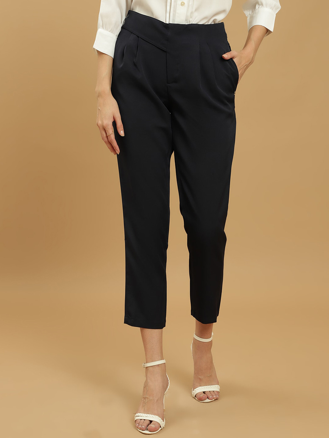 Black Women Mid Rise Pleated Trousers