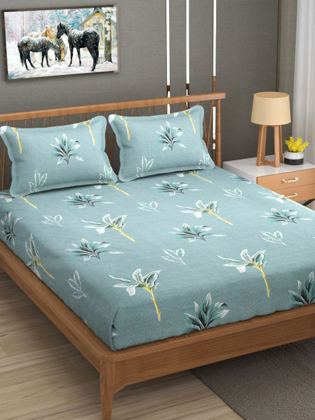 Buy Florida Blue & White Floral Cotton 144 TC King Bedsheet With 2