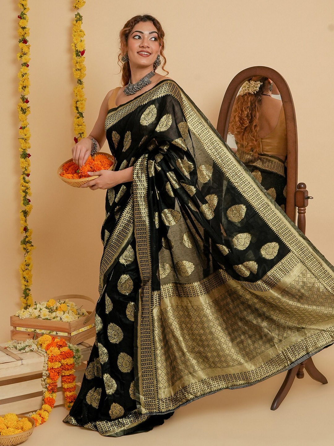 Buy TEEJH Woven Design Zari Silk Cotton Ready To Wear Saree Sarees