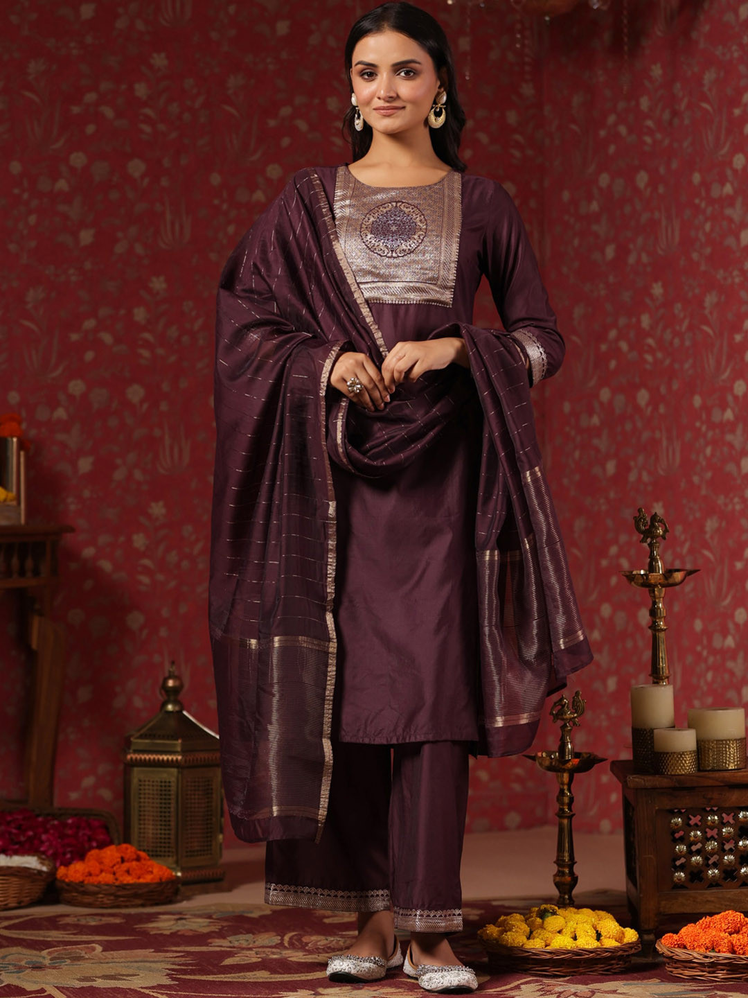 Women Purple Ethnic Motifs Yoke Design Pleated Sequinned Kurti with Palazzos & With Dupatta