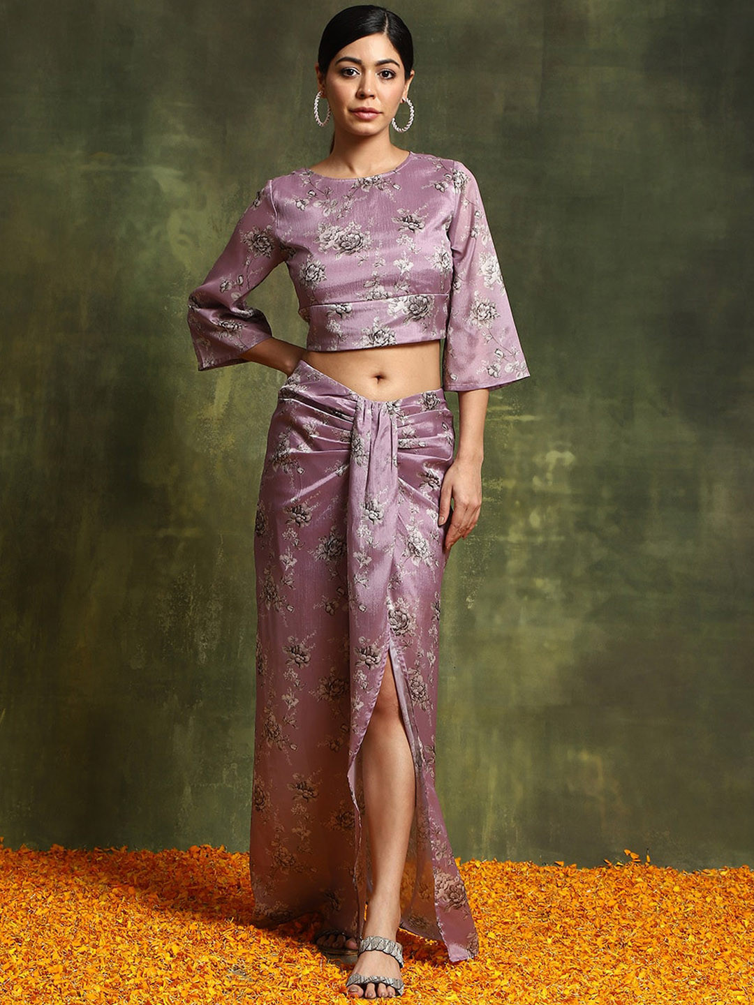 Women Navy Floral Wrap Crop Top With Aanrakali Skirt
