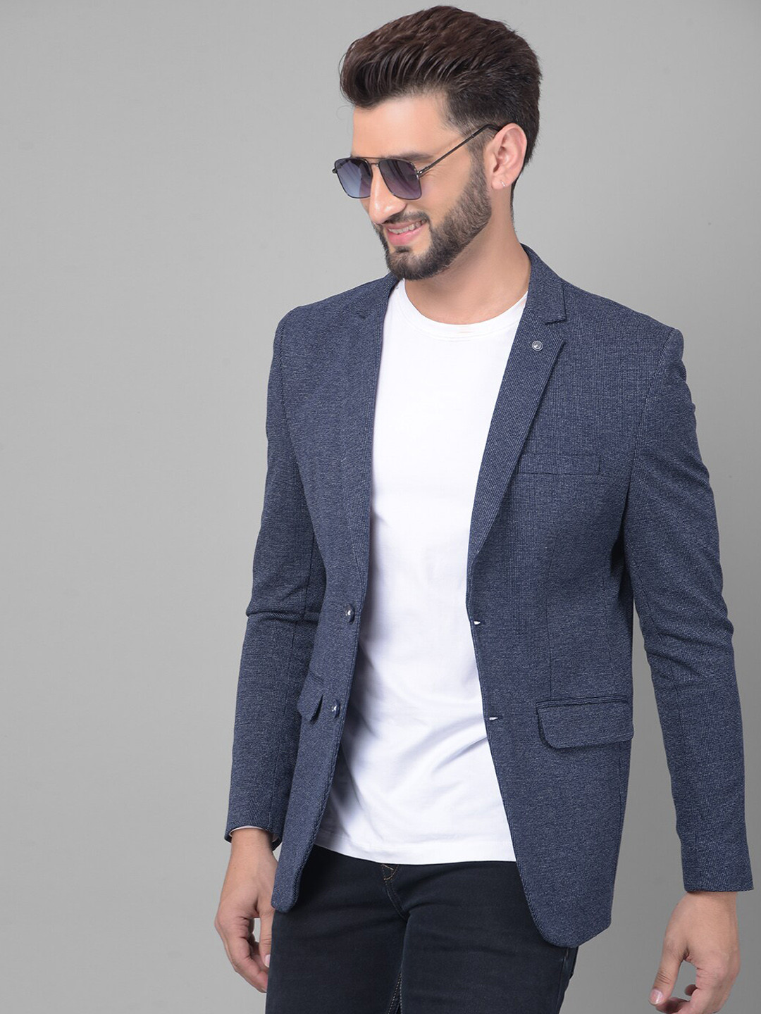Men's Blue Printed Notched Lapel Slim-Fit Single-Breasted Blazer