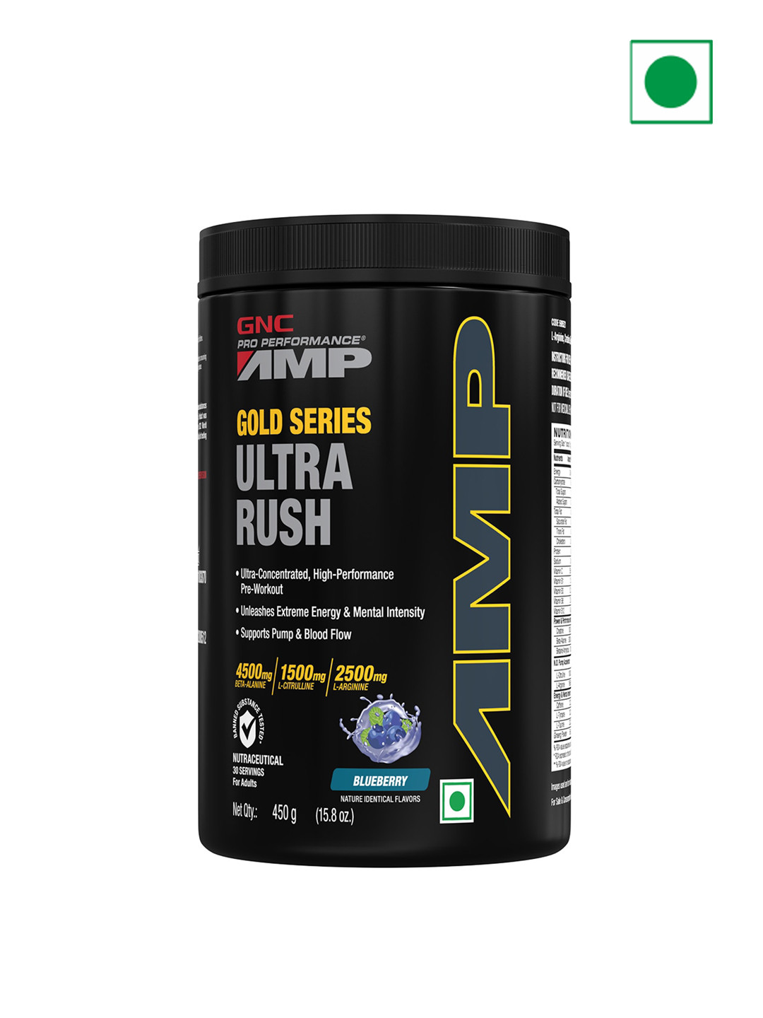 Buy GNC AMP Blue Rasberry Flavoured Gold Series Ultra Rush 450 Gms ...