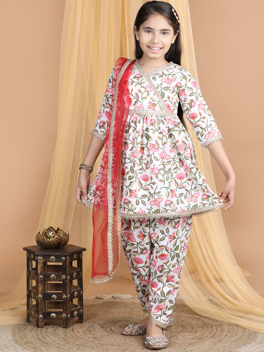Girls Peach Self design Booti Angrakha Gotta Patti Kurta & with Trouser  & Dupatta
