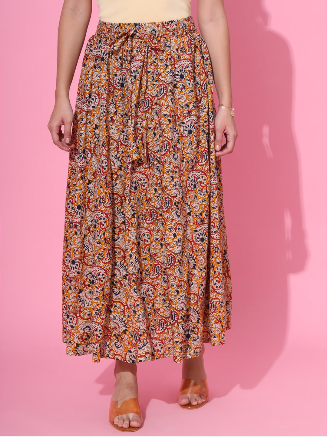 Buy DECKEDUP Kalamkari Printed Maxi Flared Ethnic Skirt Skirts for