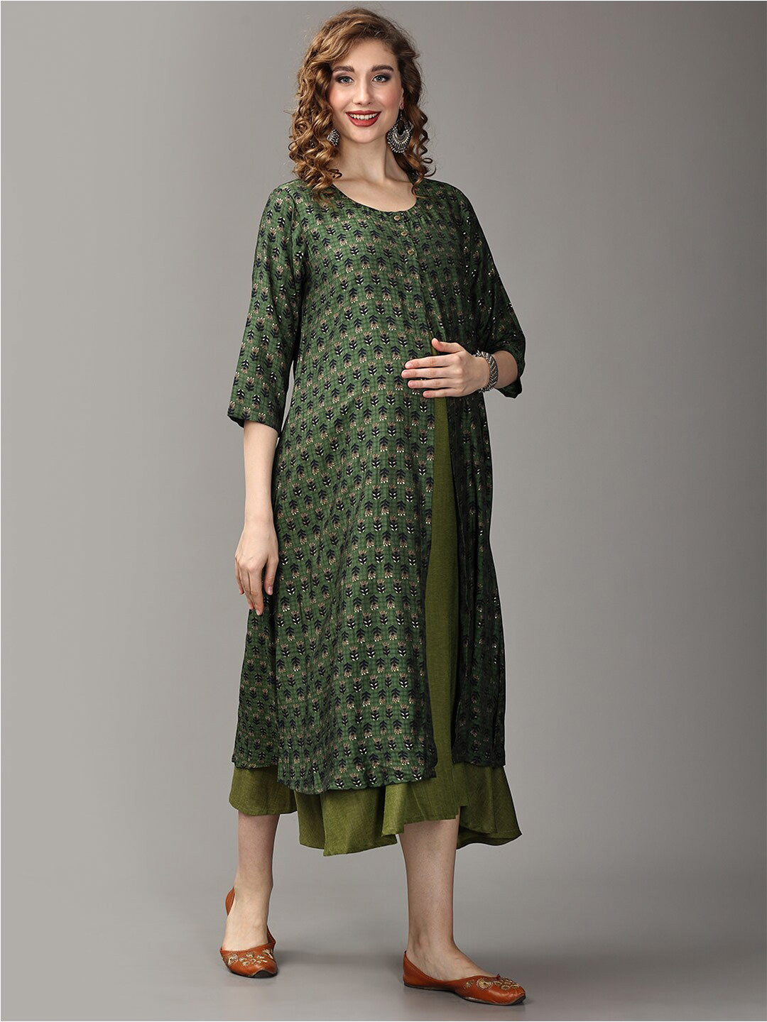 Babyhug 100% Cotton Knit Three Fourth Sleeves Ethnic Dress With Floral Print - Yellow main image 1