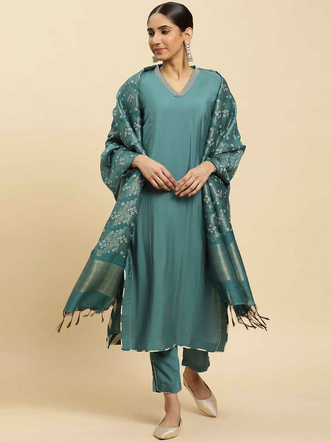 Women Green V-Neck Kurta Trouser Dupatta