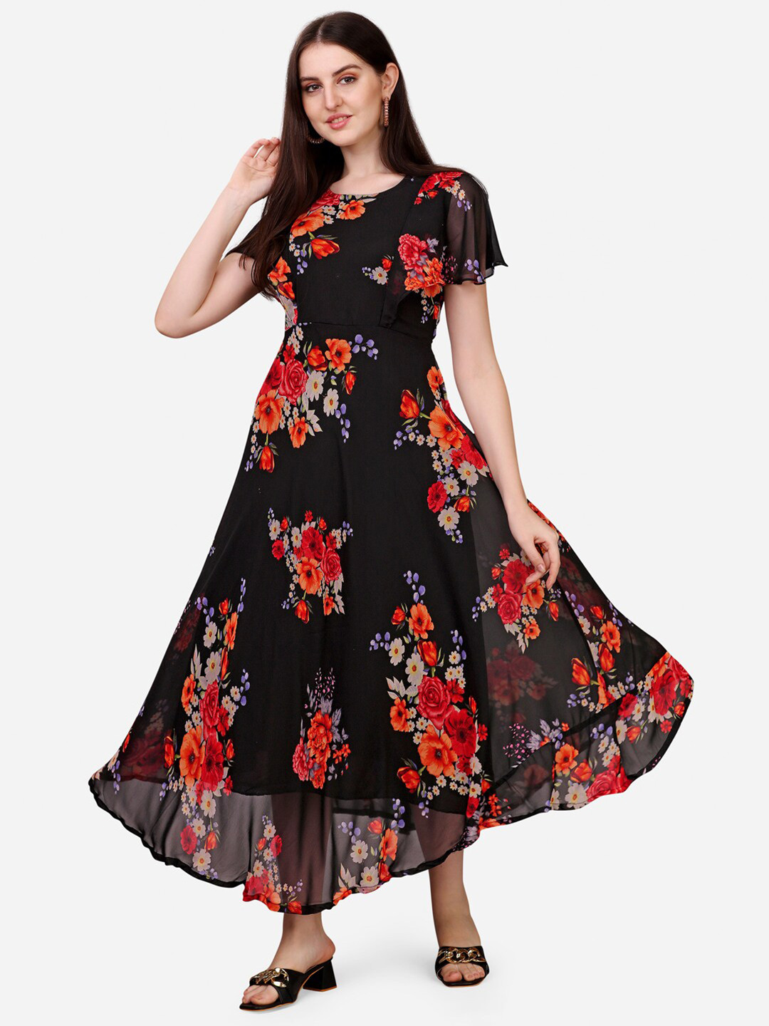 Women's Maroon Floral Printed Flared Sleeves Georgette Fit & Flare Dress