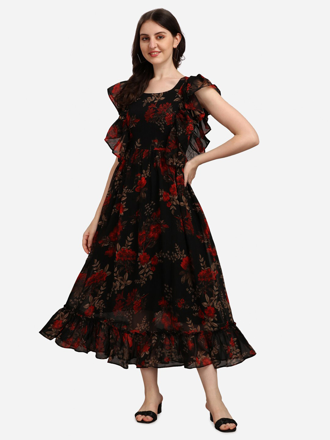 White Floral Printed Ruffled Fit & Flare Cotton Dress
