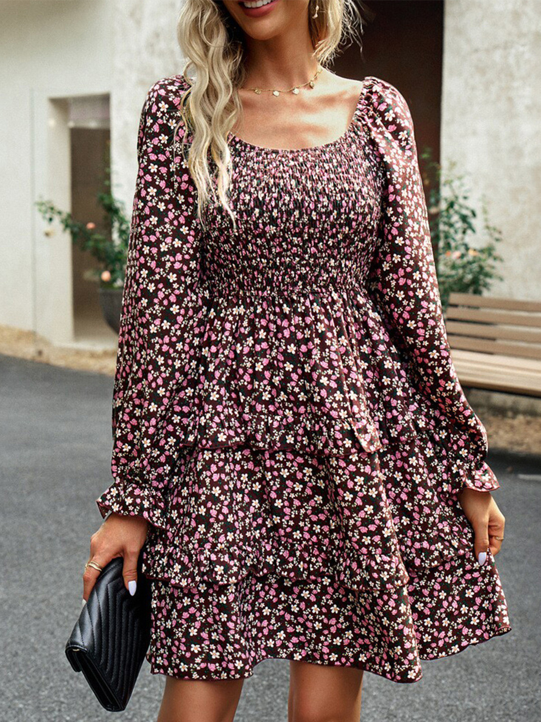 Women's Puff Pink Geometric Fit and Flare Dress