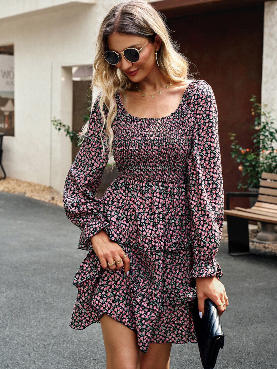 Women Floral Printed Puff Sleeve Fit & Flare Dress