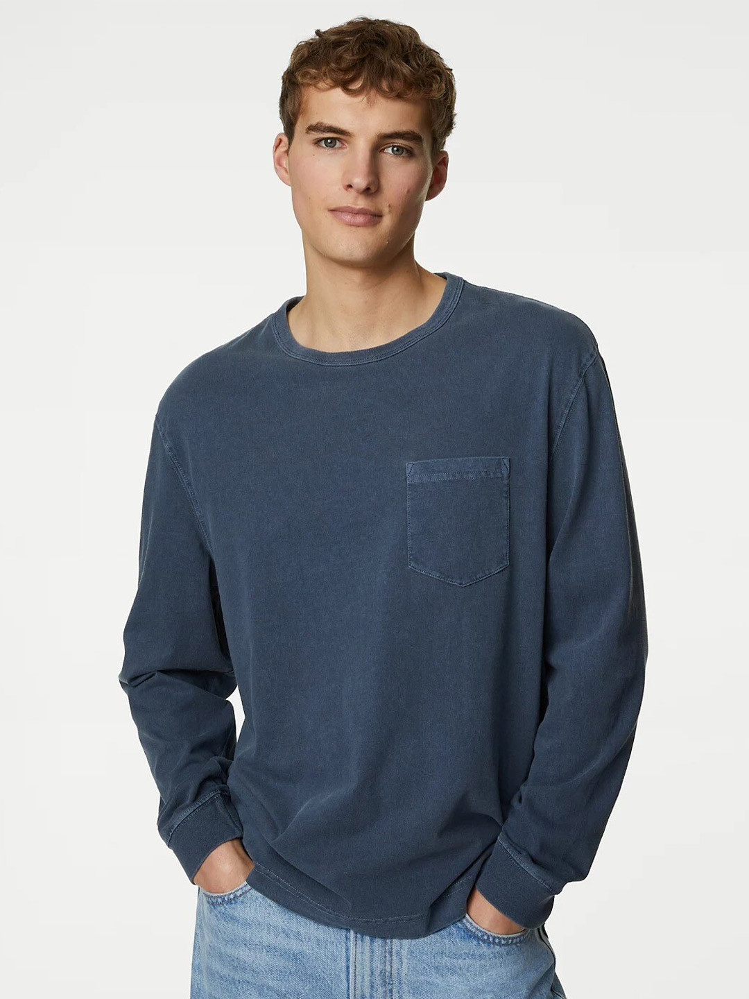 Sweat Homme Marks & Spencer - Coton Bleu - Taille M - Style Henley à Rayures