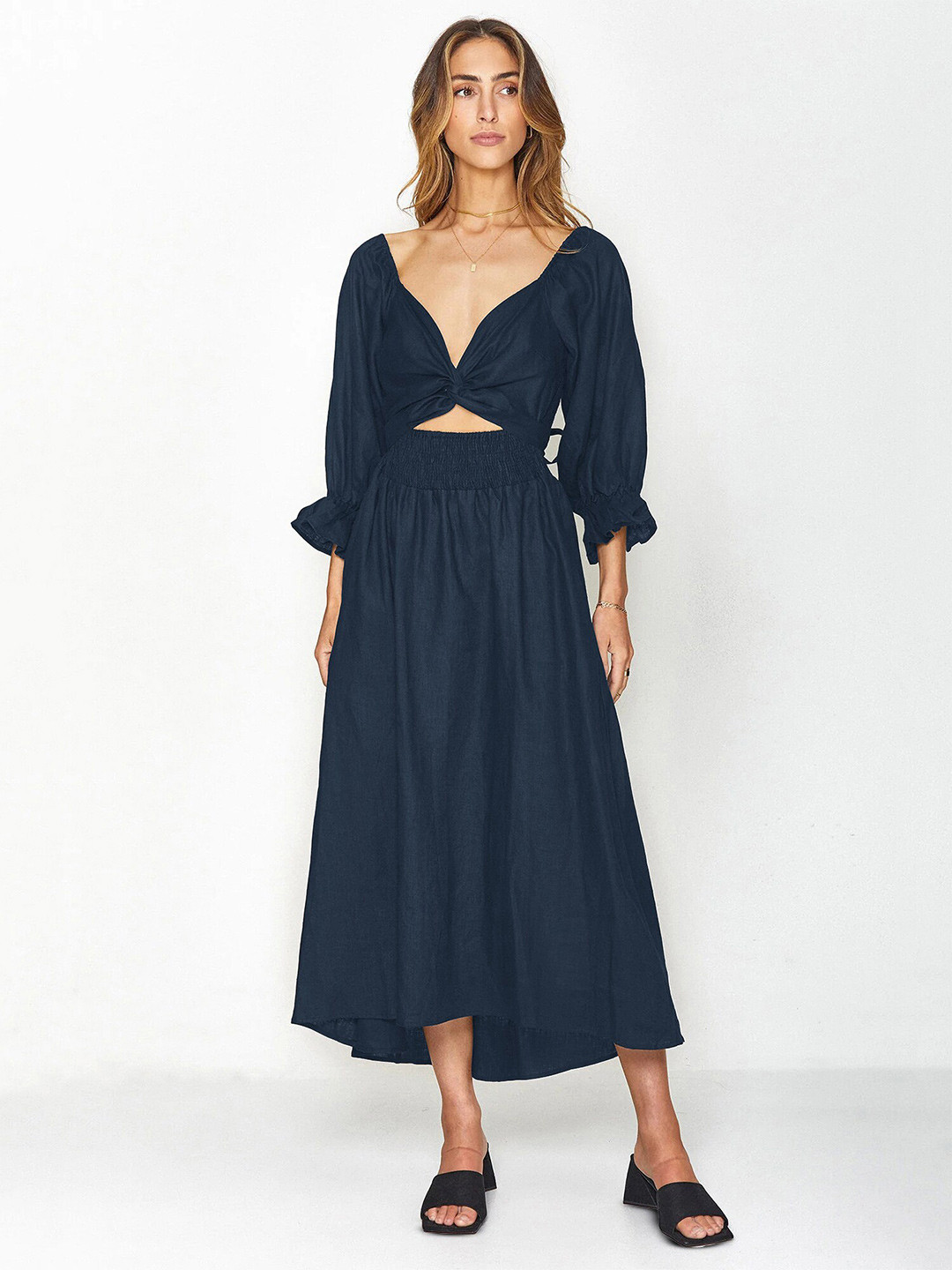 13080 Navy Blue Puff Sleeve Dress main image 1